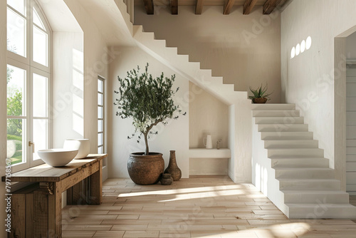 Spanish Bright Minimalist Interior with Olive Tree and Plaster Walls
