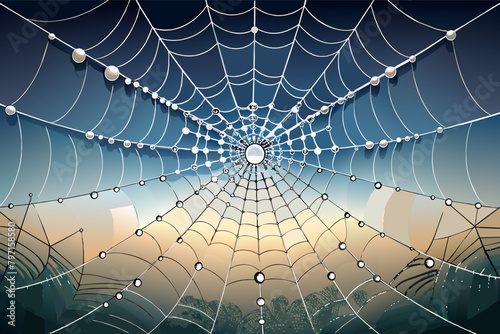 The delicate structure  spiders web, glistening with dewdrops in the early morning mist