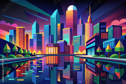 The colorful reflections of city lights dancing on the surface calm river, creating a mesmerizing display of urban beauty