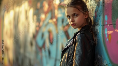 Young girl posing in front of a graffiti wall at sunset
