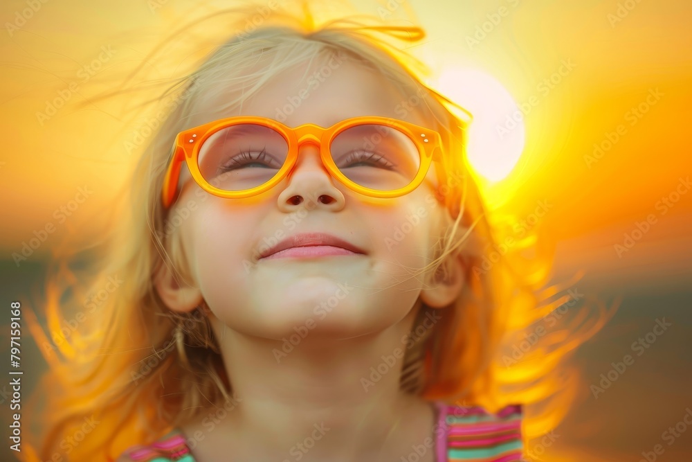 Happy Child Enjoying Sunset Wearing Orange Sunglasses