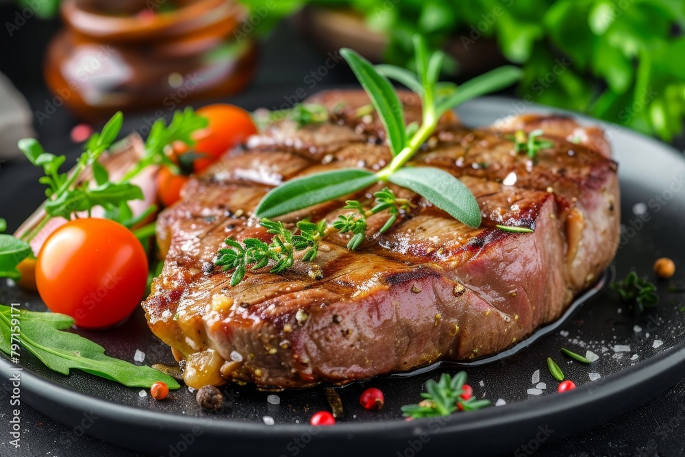 Juicy grilled steak garnished with herbs and spices on a plate Juicy grilled steak garnished with herbs and spices on a plate
