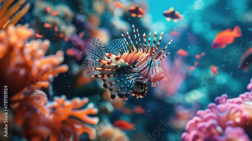 Convey the allure of the ocean depths in a prompt showcasing a stunning lionfish amidst a colorful coral reef photo