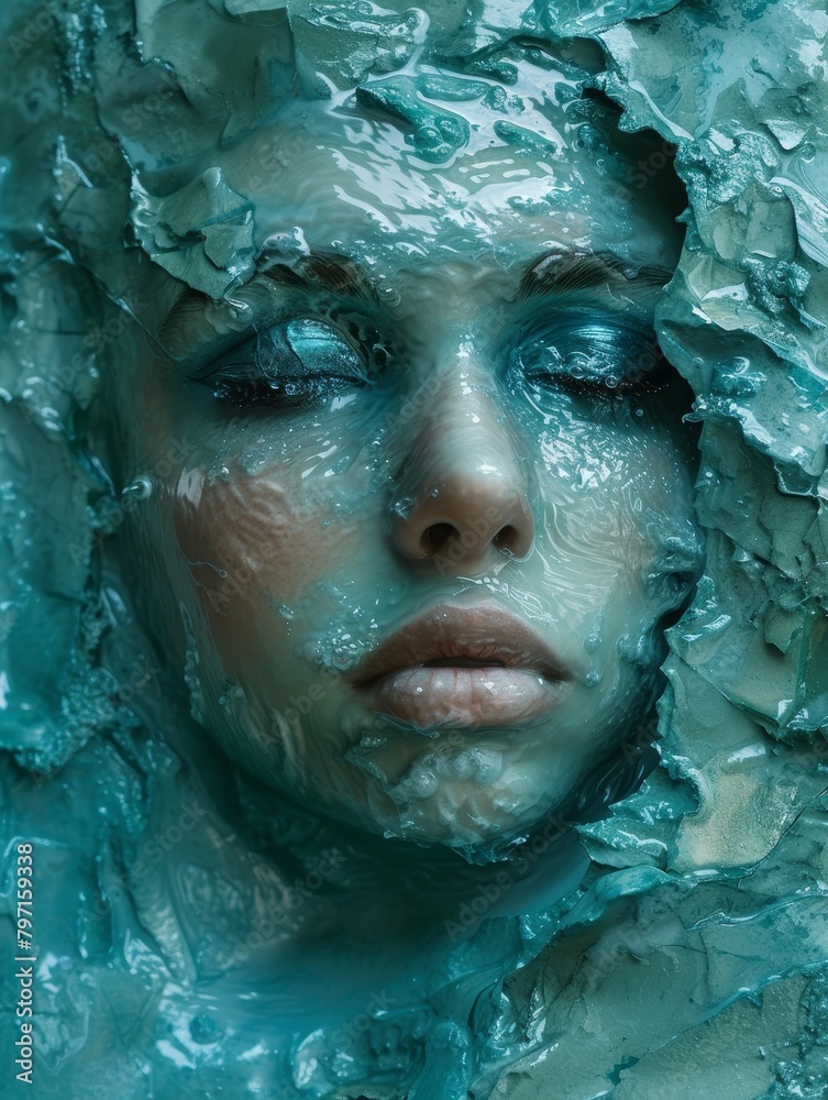 Artistic Portrait of a Woman with Textured Blue Paint