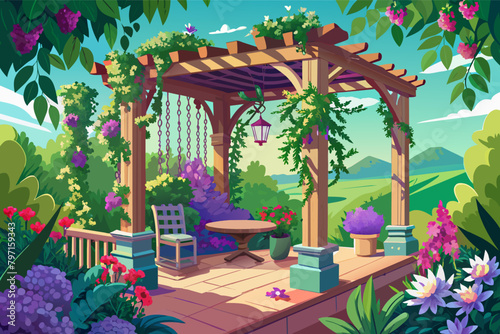 Secluded garden balcony with a pergola, hanging vines, and an array of fragrant flowers