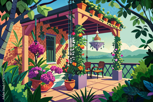 Secluded garden balcony with a pergola, hanging vines, and an array of fragrant flowers