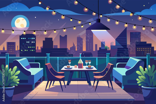Rooftop dinner setting with panoramic city views, twinkling fairy lights, and sleek, modern furniture