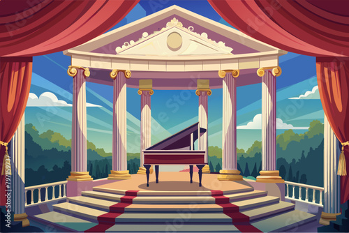 Regal balcony with Corinthian columns, velvet drapery, and a grand piano for outdoor concerts