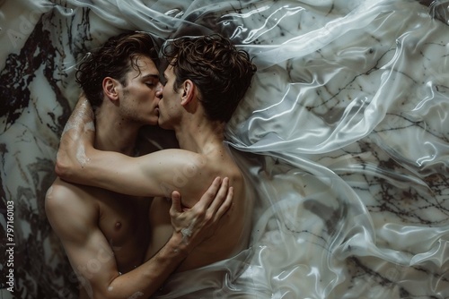 Two men in love, gay couple, LGBTQ+, young men kissing and hugging