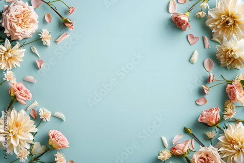 Floral background feminine flowers in pastel colors. Valentine's day, Mother's day, Women's day postcard. Flat lay copy space.