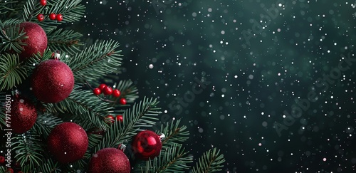 Festive Christmas Ornaments on a Tree with Snowfall