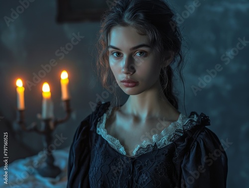 Mysterious woman in vintage dress holding a candelabra photo