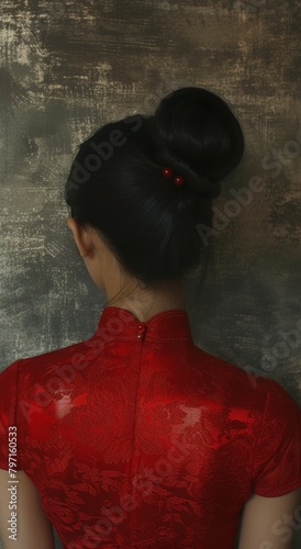 Woman in Traditional Red Attire with Elegant Hairstyle