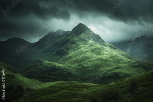 Majestic green mountain under a stormy sky