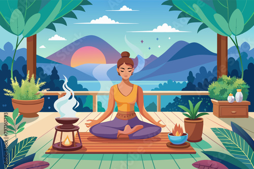Meditative yoga balcony with a peaceful Buddha statue, incense burners, and a lotus pond