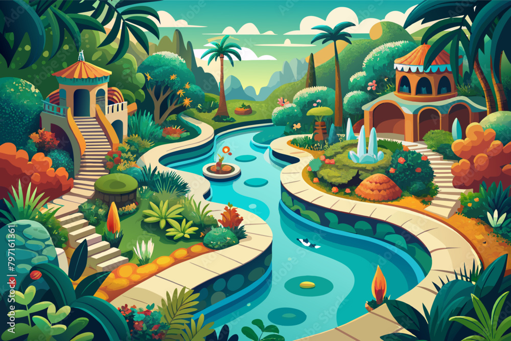 Imagine a whimsical terrace with a lagoonstyle pool, complete with meandering waterways, hidden grottos, and lush tropical foliage