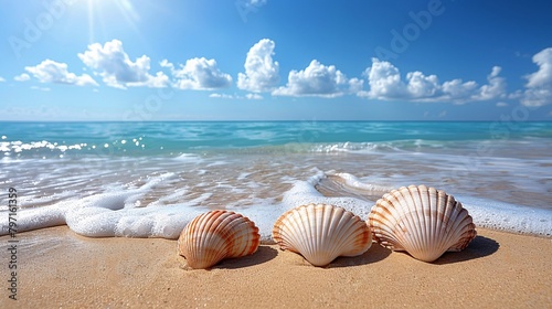 Starfish and seashells on seashore - beach holiday background. Generative AI.