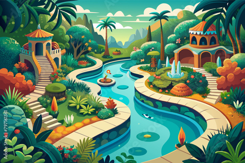 Imagine a whimsical terrace with a lagoonstyle pool, complete with meandering waterways, hidden grottos, and lush tropical foliage