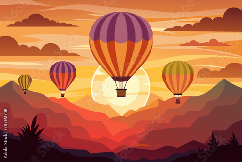 Hot air balloons at sunrise, silhouetted against a brightening sky