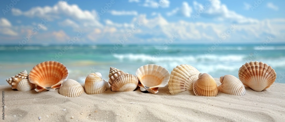 Starfish and seashells on seashore - beach holiday background. Generative AI.