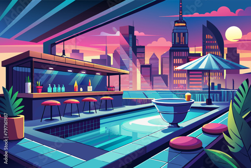 Glamorous rooftop cocktail counter with a glassbottomed pool and skyline views