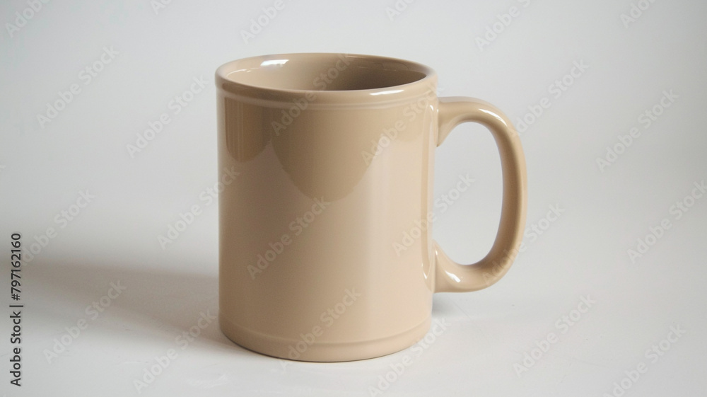 Fototapeta premium Aluminum mug in beige color with space for text, an inscription, or a logo.