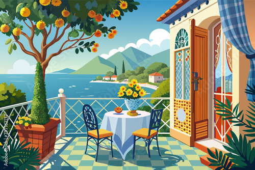 French Riviera chic balcony with a lemon tree, Provencal fabrics, and a view of the azure sea