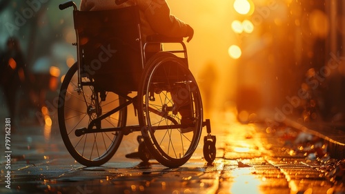 Detail of a wheelchair with a person's arm, clinical setting background © Putra