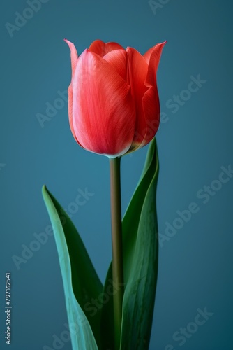 Single Red Tulip Against a Blue Background