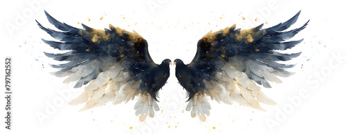 Mystic angel wings ending with bird heads, white background, watercolor painting in dark navy blue and gold style. A magic inspiration, beautiful mystic wall art, poster, tattoo template etc.