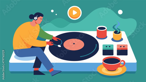 A record spinning on a turntable as a person sits nearby with a cup of coffee and a smile on their face lost in the music..