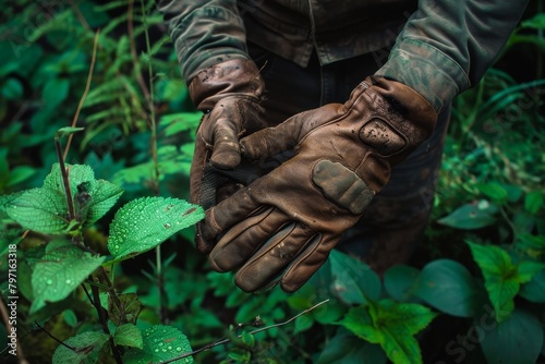 Gardener wearing leather gloves while handling plants