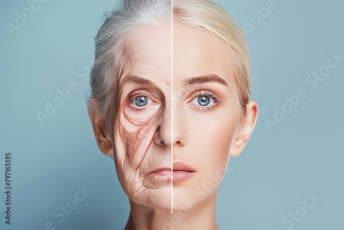 Managing aging through exercise and prevention, osteoporosis stages align with skin care routine for aging depiction, focusing on less wrinkle and age management.