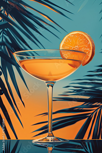 Martini glass hosting an orange twist, set against a tropical backdrop.