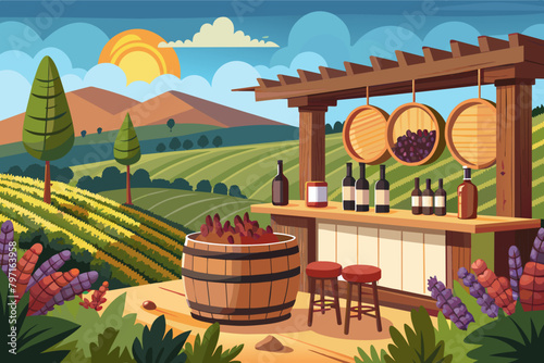 Countryside vineyard cocktail counter with wine barrel decor and vineyard views