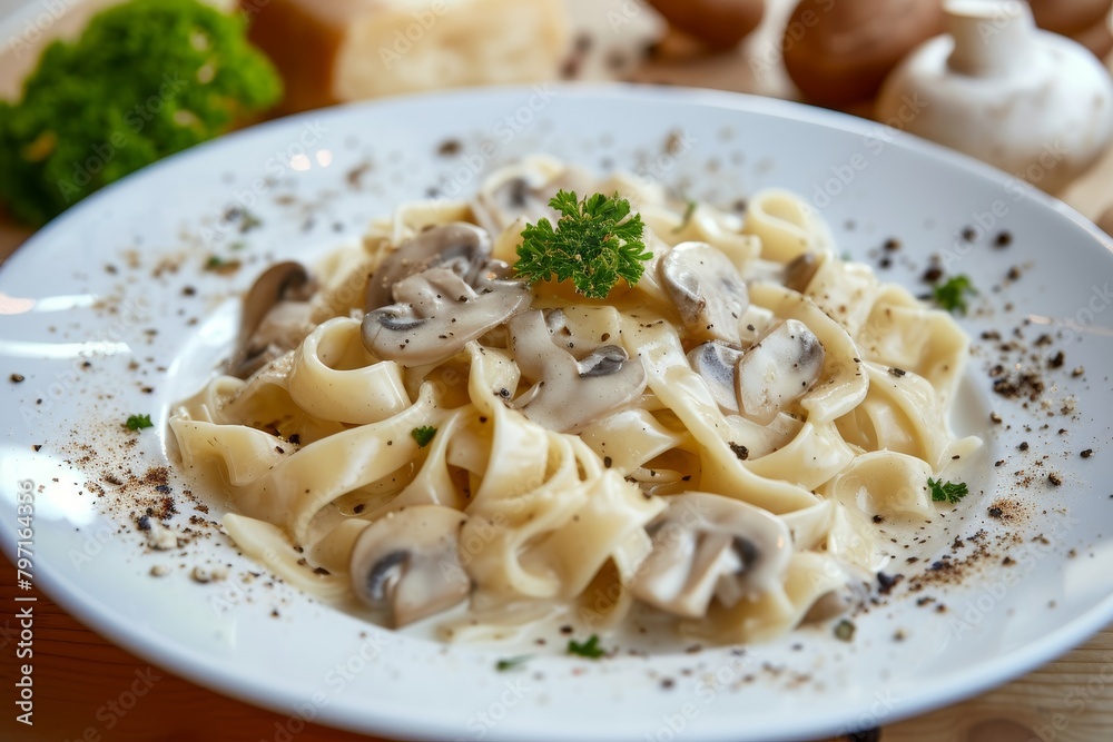 Delicious creamy fettuccine pasta with mushrooms on a plate