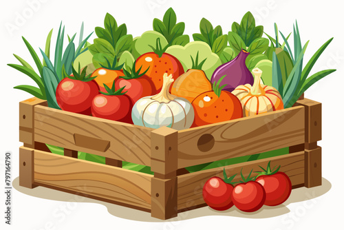 A weathered wooden crate filled with ripe tomatoes, onions, and garlic, freshly harvested from the garden