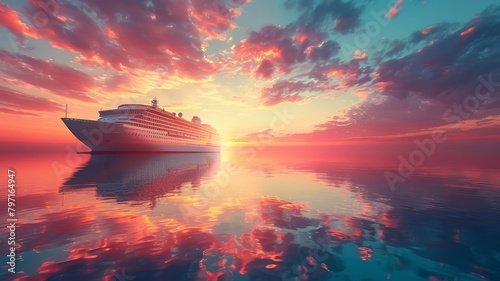 Distant side view of a cruise liner on calm waters under a cotton candy sky