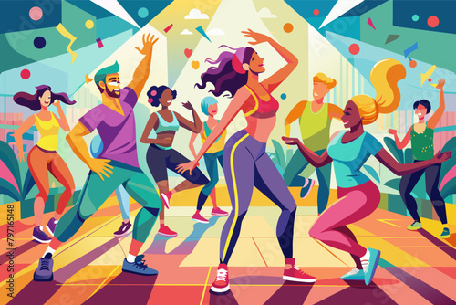 A vibrant scene of people participating in a lively Zumba class, dancing to upbeat music and enjoying a fun workout