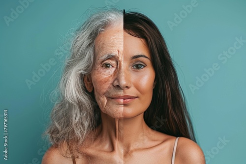 Dark spot treatment and proactive skincare for aging women, visualizing narrative enhancements in aging skin management with integrated facial portrayal. photo