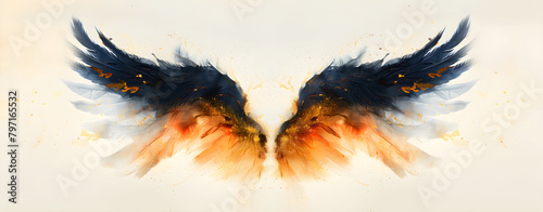 Angel wings, modern, colorful and arty interpretation of angel mythology, bright grunge background. A magic inspiration, beautiful mystic wall art, poster, tattoo template etc.