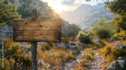 Rustic wooden signpost in mountainous countryside at sunset