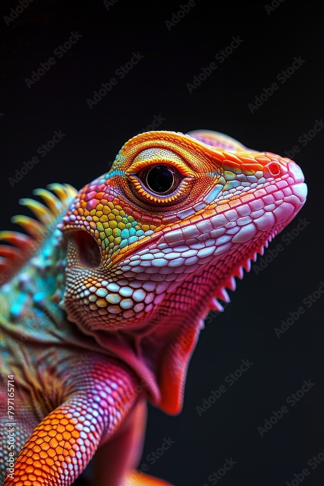 Colorful Lizard Close-Up Against Dark Background