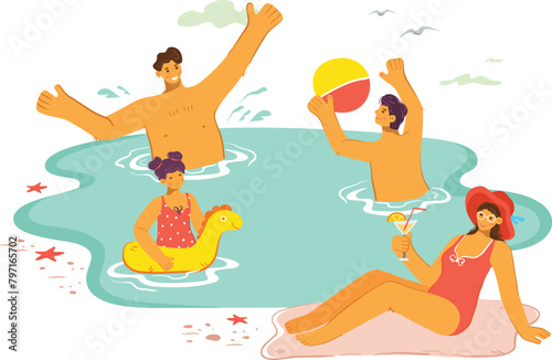 Family enjoying beach vacation, kids swimming, parents relaxing seaside. Young boy playing beach ball, girl floating duck inflatable ring, woman sipping cocktail wears red swimsuit, hat sunbathe