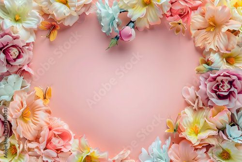 Floral background feminine flowers in pastel colors. Valentine's day, Mother's day, Women's day postcard. Flat lay copy space.