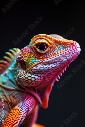 Colorful Lizard Close-Up Against Dark Background © Balaraw