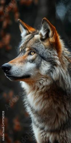 Majestic wolf profile against a blurred background