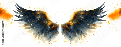 Angel wings, modern, colorful and arty interpretation of angel mythology, bright grunge background. A magic inspiration, beautiful mystic wall art, poster, tattoo template etc.