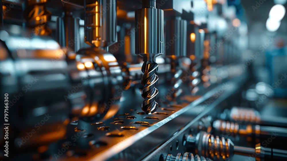 Handheld power tools with spiral drill bits, focused detail on mechanical design Handheld power tools with spiral drill bits, focused detail on mechanical design