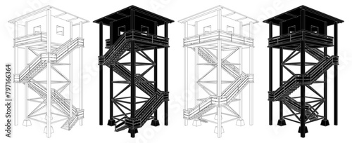 Wooden Watch Tower Vector. Construction Structure Illustration Isolated On White Background.